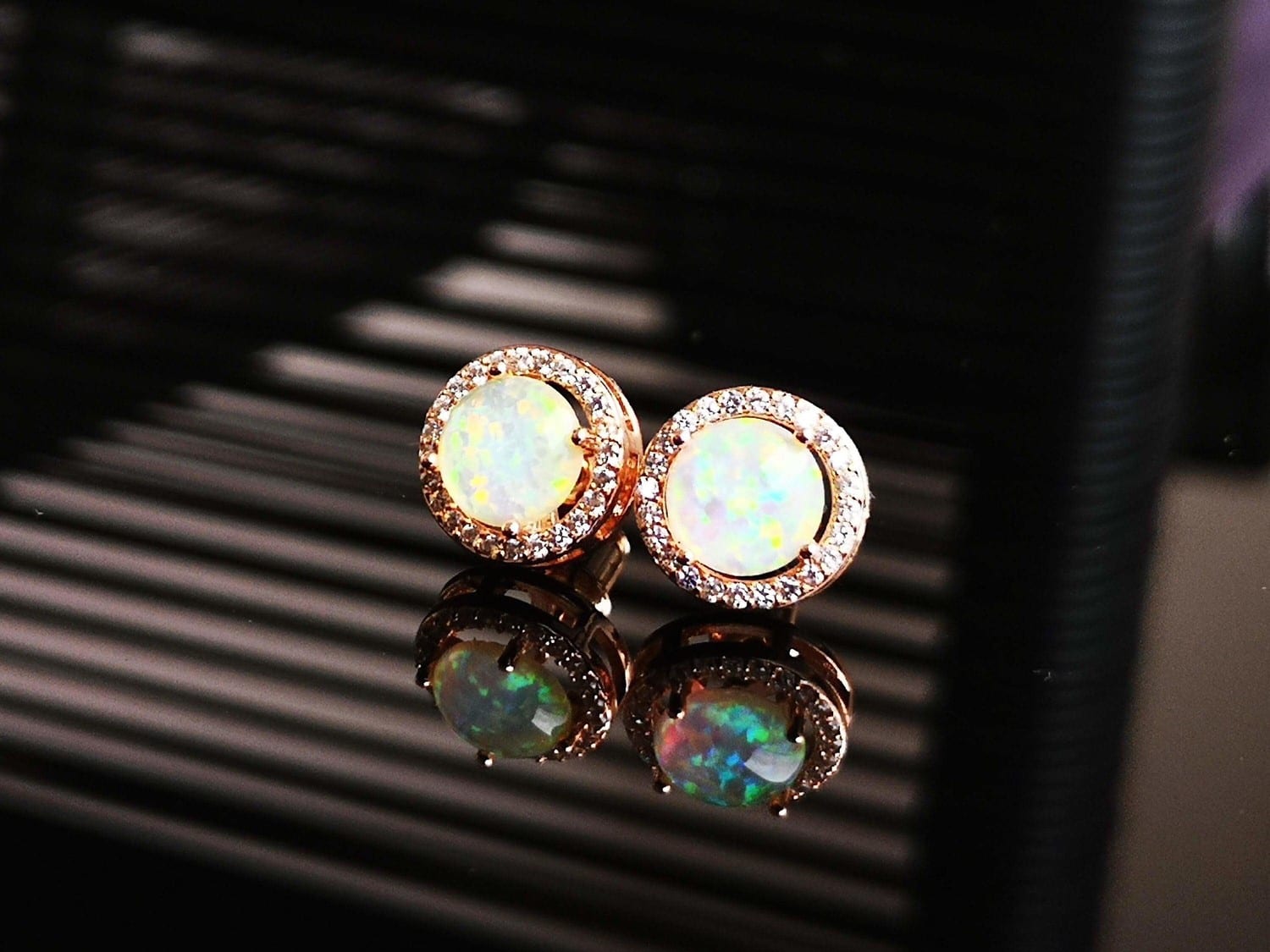 Rose Gold Stud Earrings with White Opal and Crystal Halo