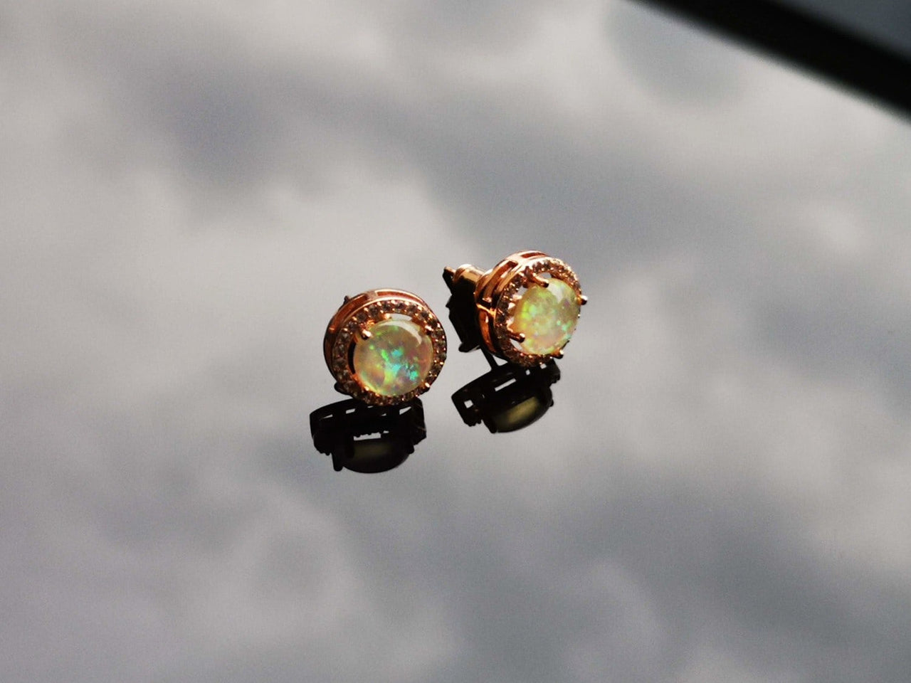 Rose Gold Stud Earrings with White Opal and Crystal Halo