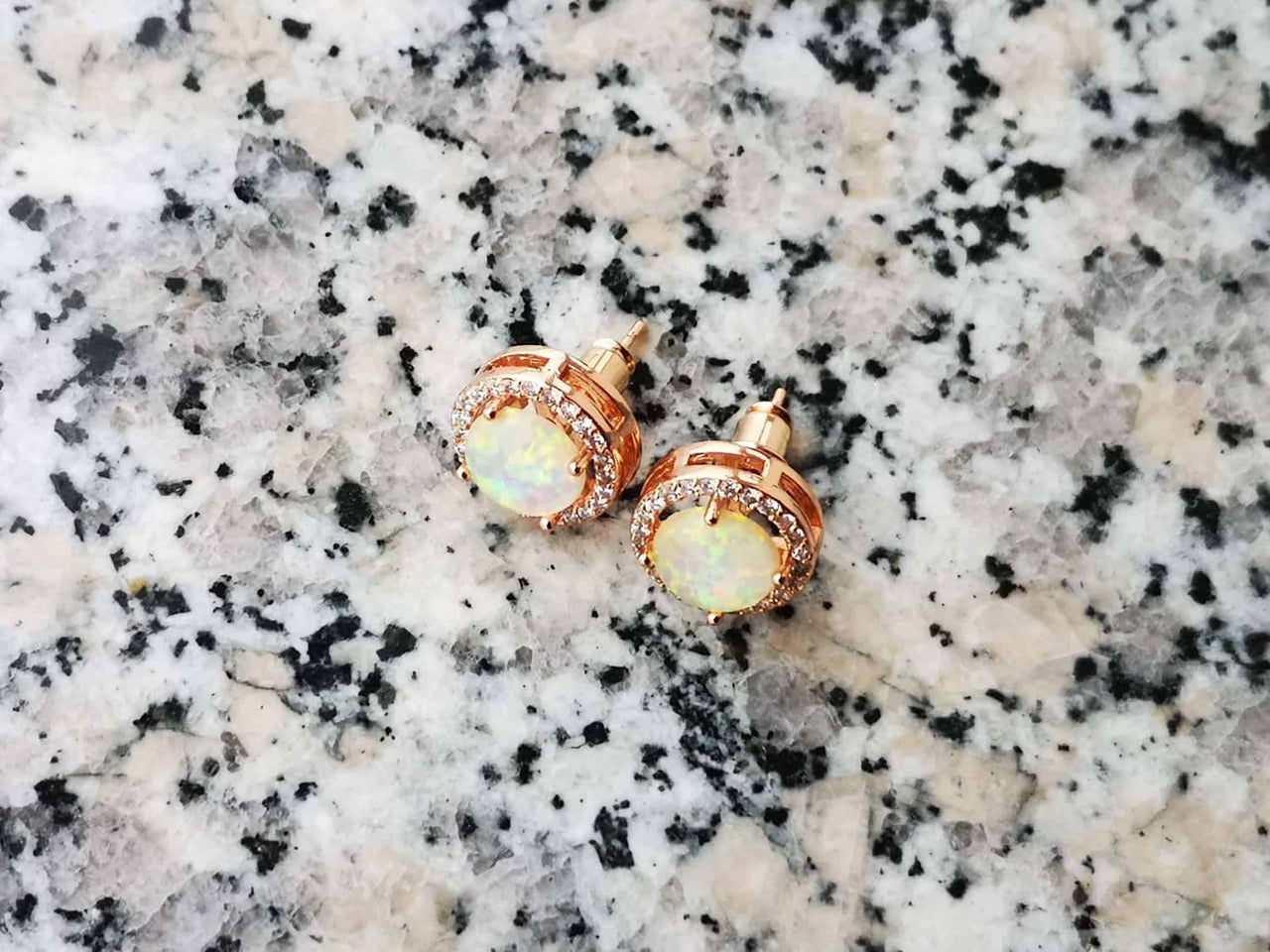 Rose Gold Stud Earrings with White Opal and Crystal Halo