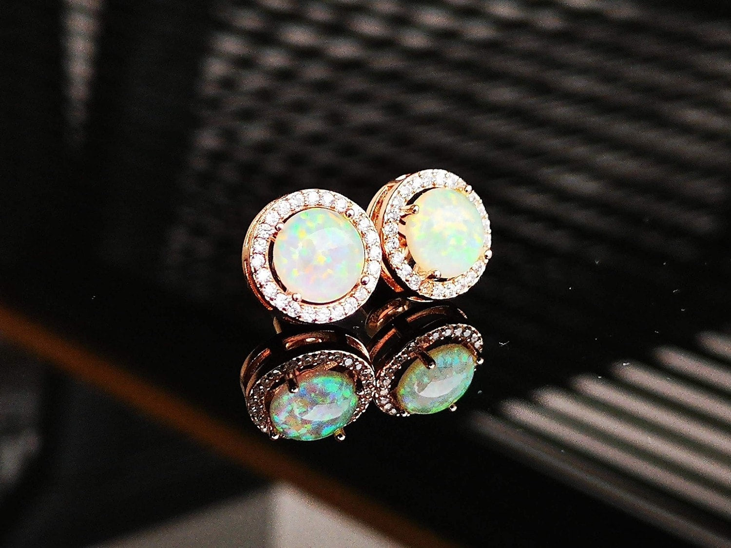 Rose Gold Stud Earrings with White Opal and Crystal Halo