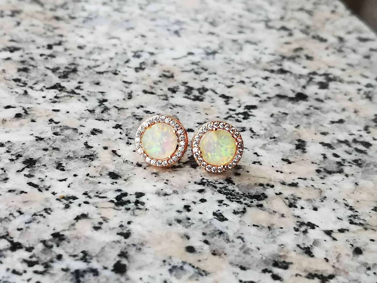 Rose Gold Stud Earrings with White Opal and Crystal Halo