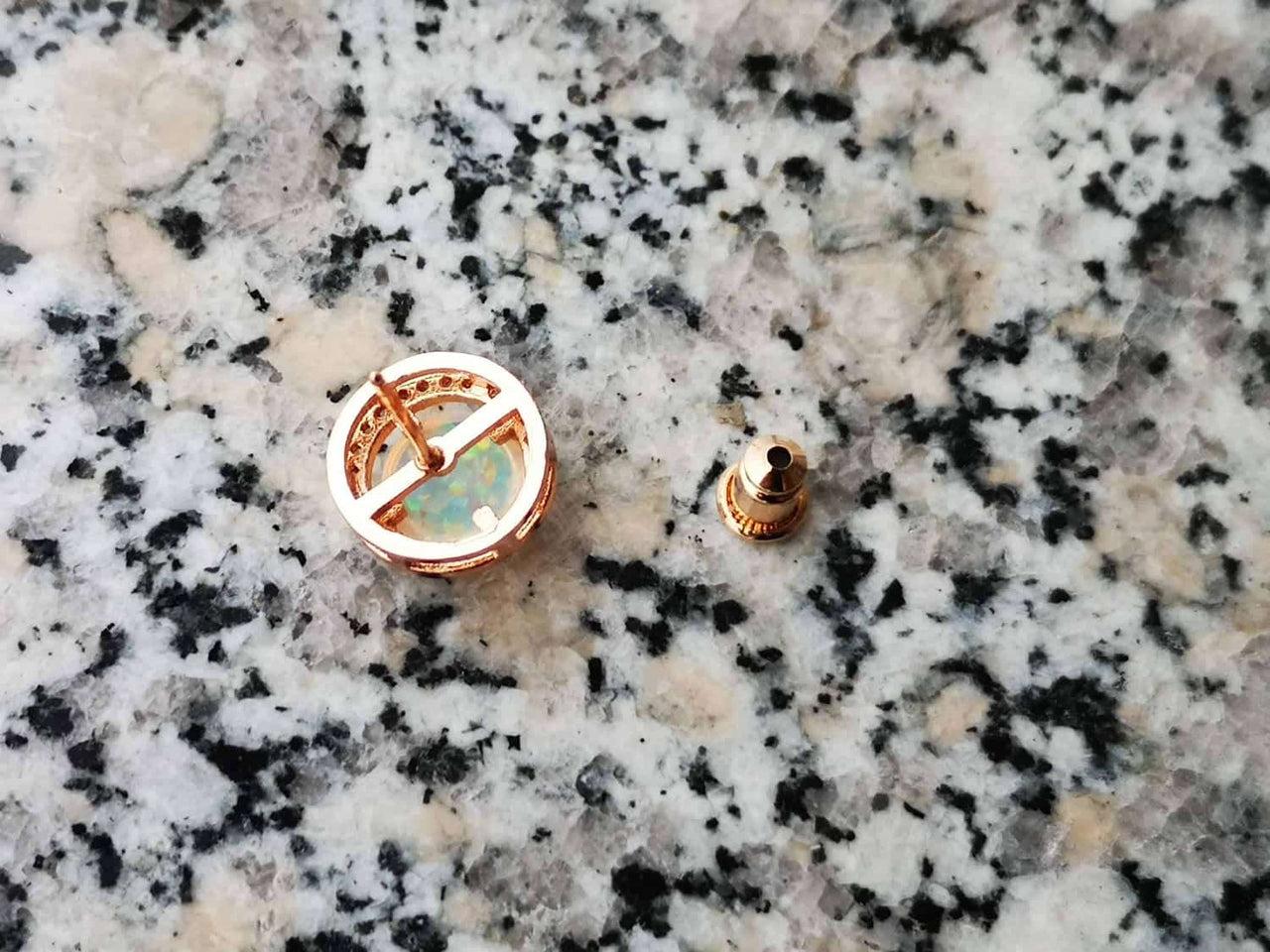 Rose Gold Stud Earrings with White Opal and Crystal Halo