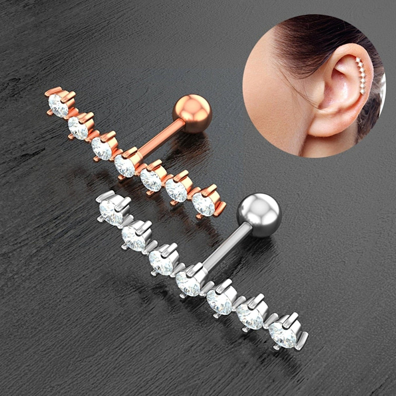 Set of 2 Elegant Curved Crystal Cartilage Earrings