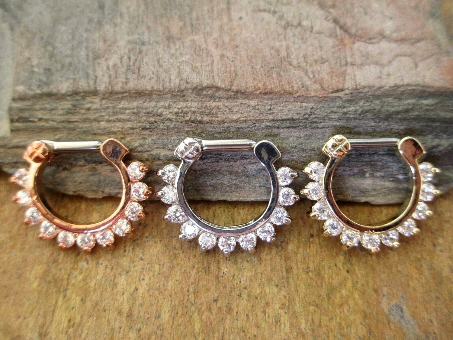 Set of 3 Aztec Surgical Steel Septum Rings with Cubic Zirconia Crystals