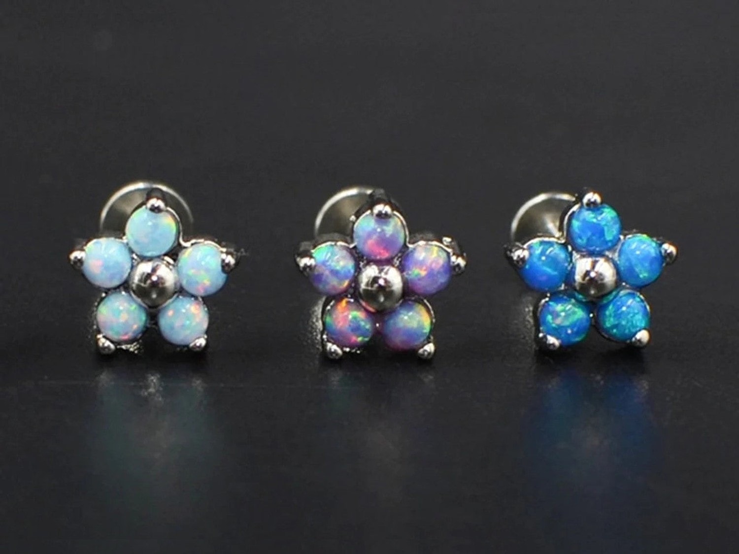 Set of 3 Dainty Flower Stud Earrings with 5 Opal Gemstones