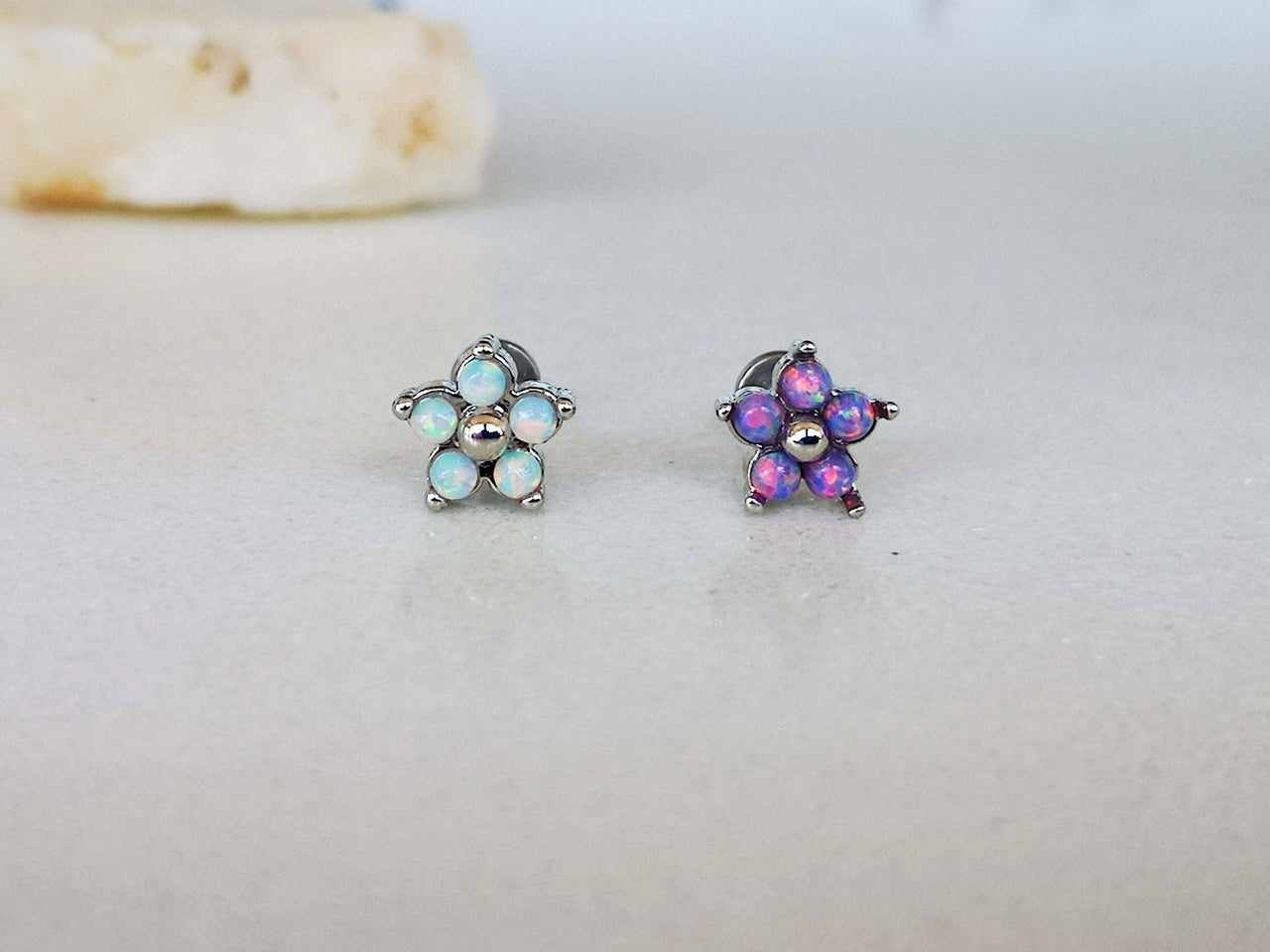 Set of 3 Dainty Flower Stud Earrings with 5 Opal Gemstones