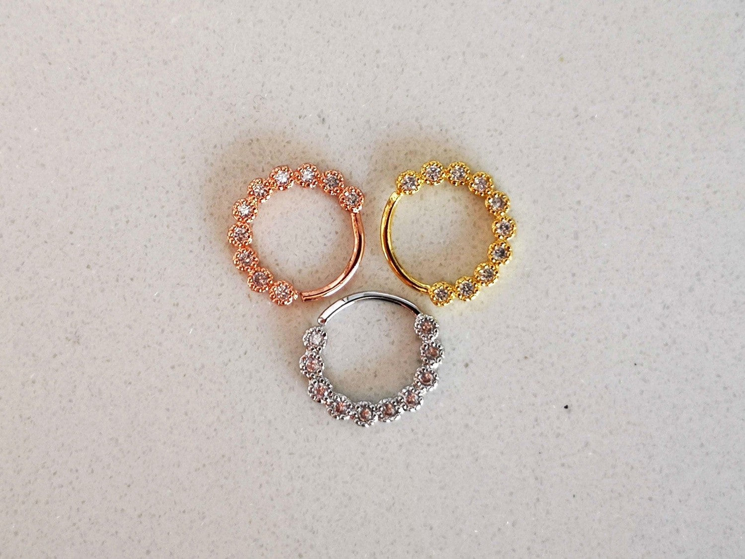 Set of 3 Daith Earrings / Septum Rings with Crystals, Gold, Rose Gold and Silver, 18G