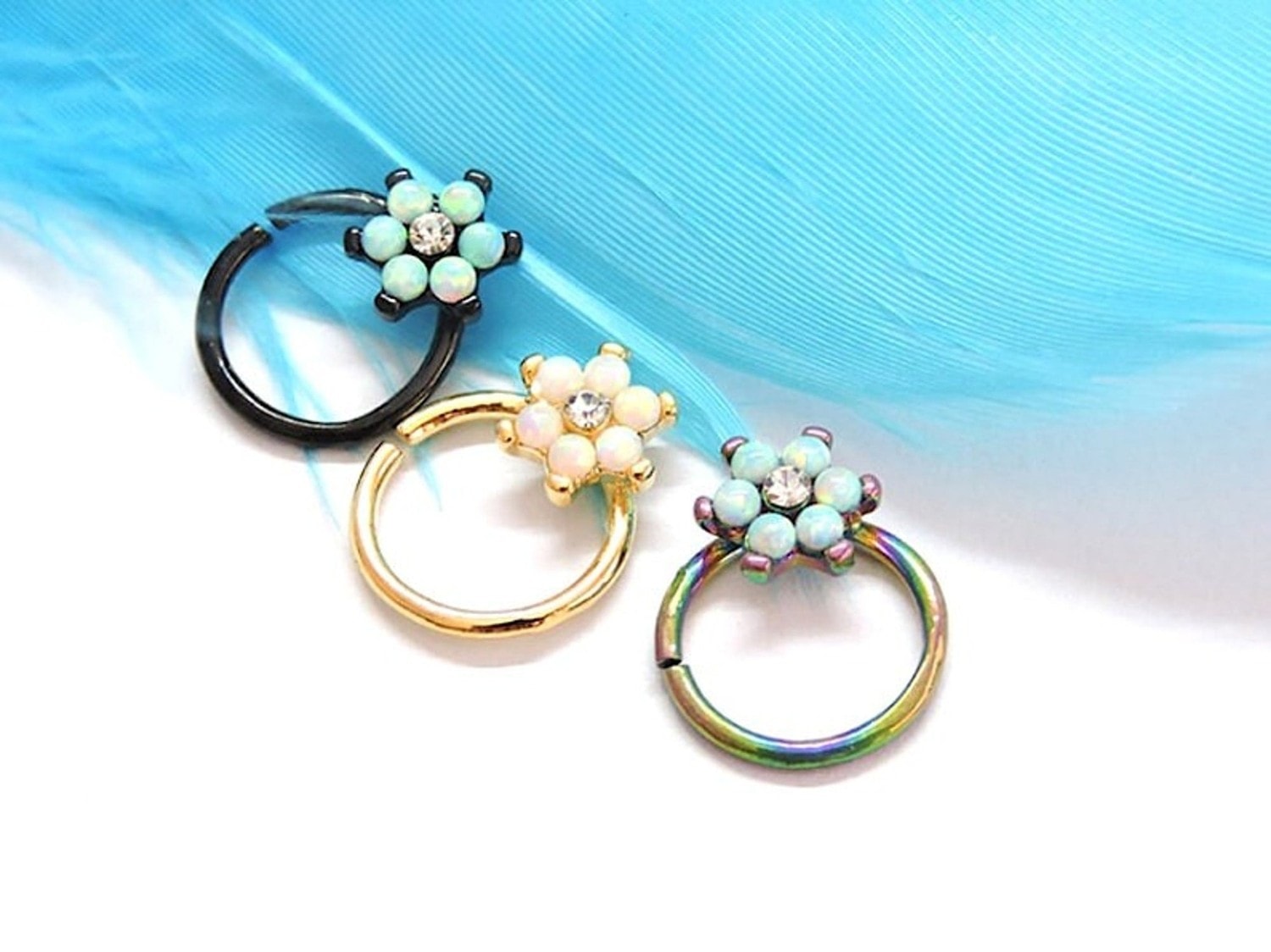 Set of 3 Opal Flower Septum Rings