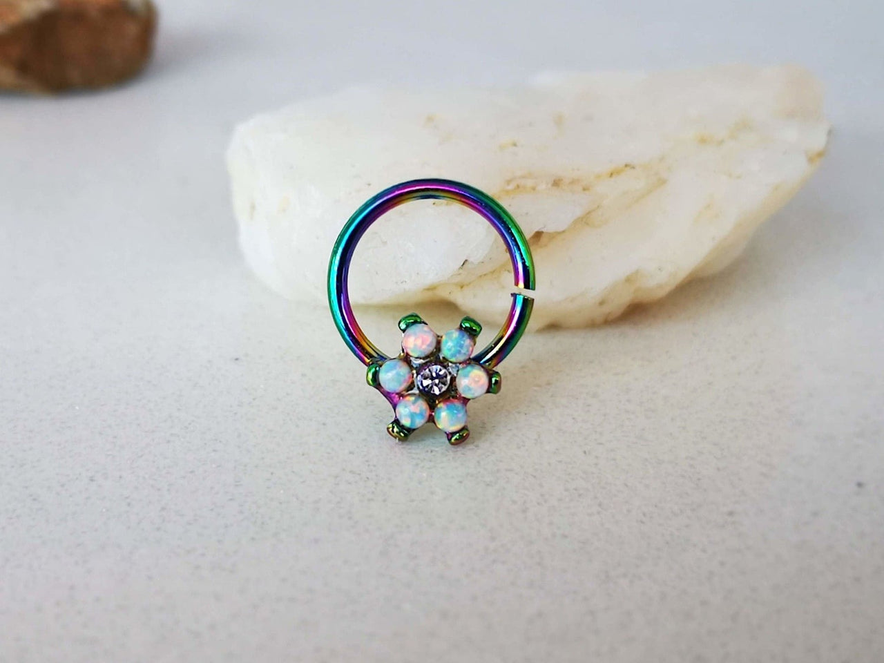 Set of 3 Opal Flower Septum Rings