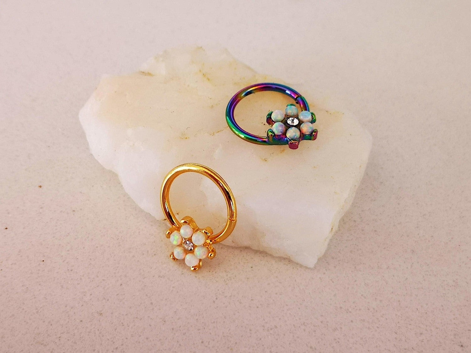 Set of 3 Opal Flower Septum Rings