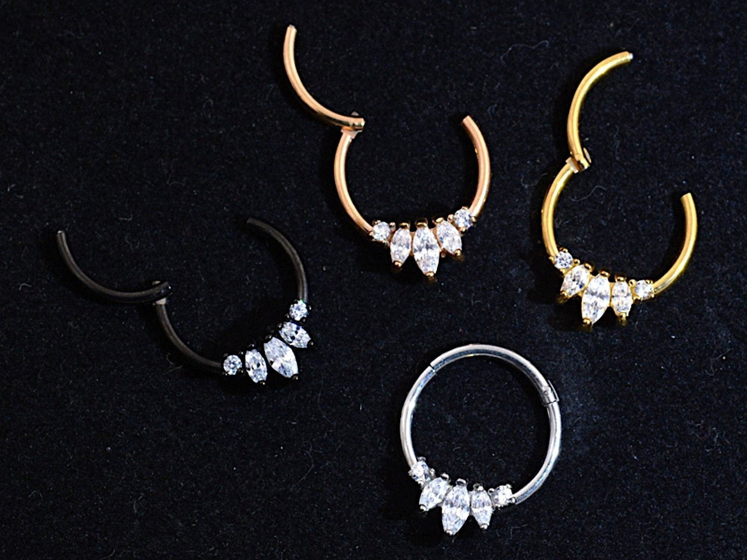 Set of 4 Elegant Septum Clicker Rings with Cubic Zirconia Crystals