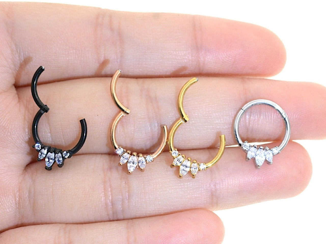 Set of 4 Elegant Septum Clicker Rings with Cubic Zirconia Crystals