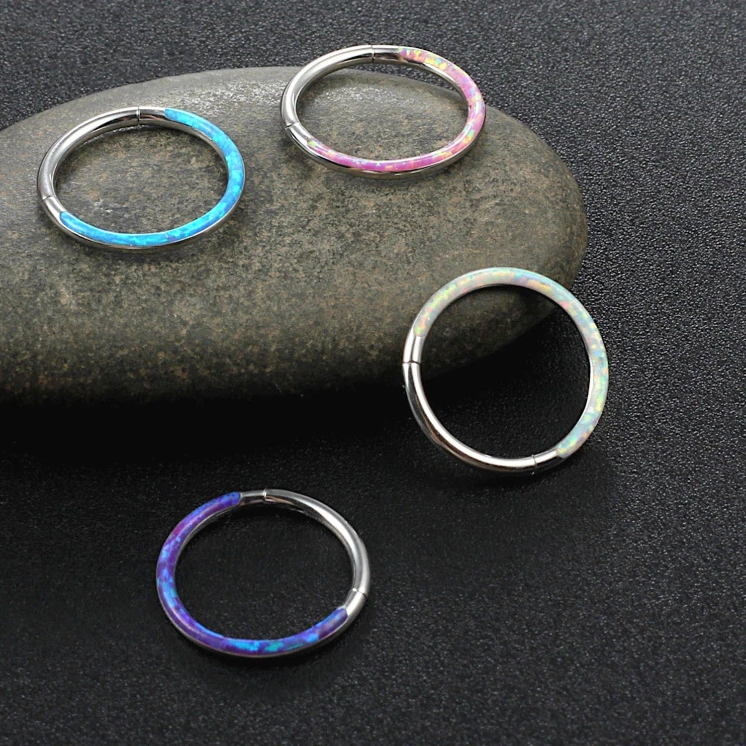 Set of 4 Opal Lined Hinged Septum Clicker Rings