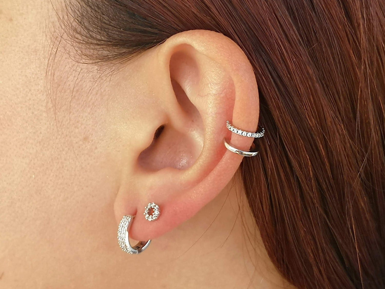 Shiny Sterling Silver Earrings with 2 Rows of CZ Crystals