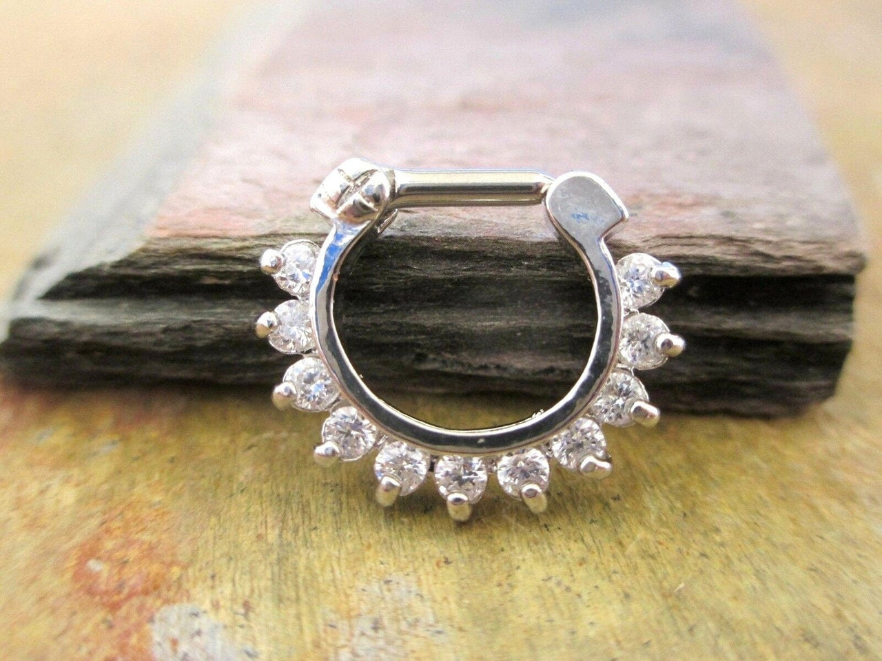 Silver Aztec Surgical Steel Septum Ring with Cubic Zirconia Crystals