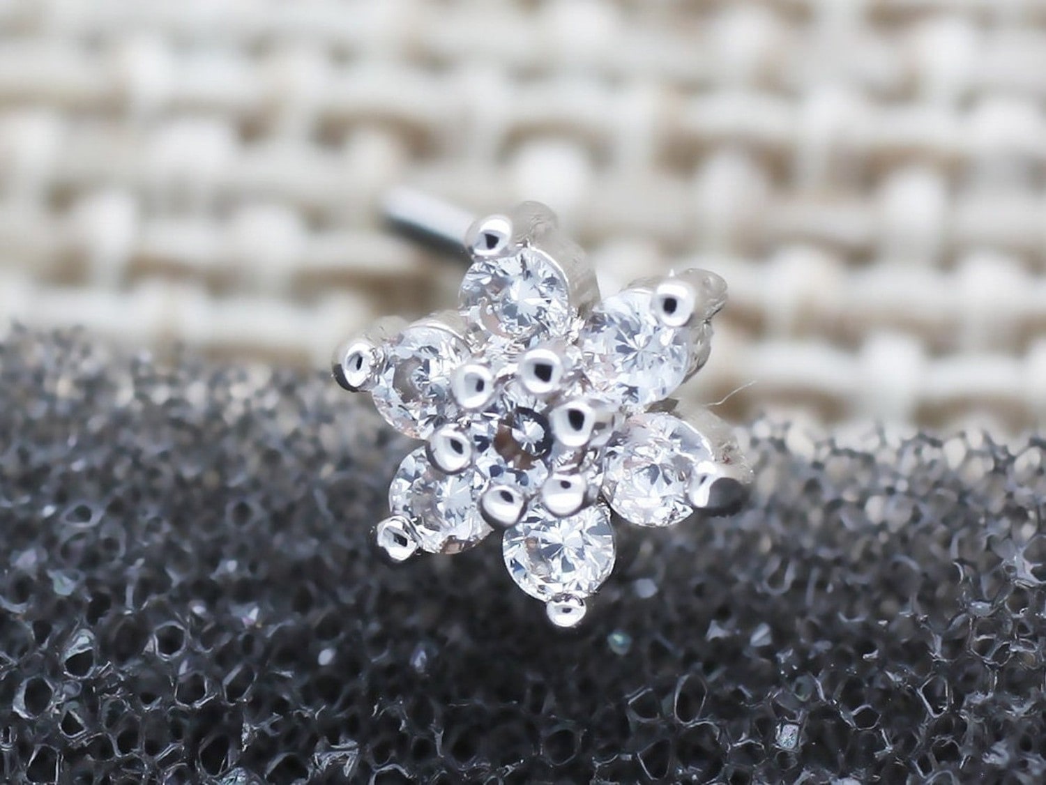 Silver Crystal Flower L Shaped Nose Stud