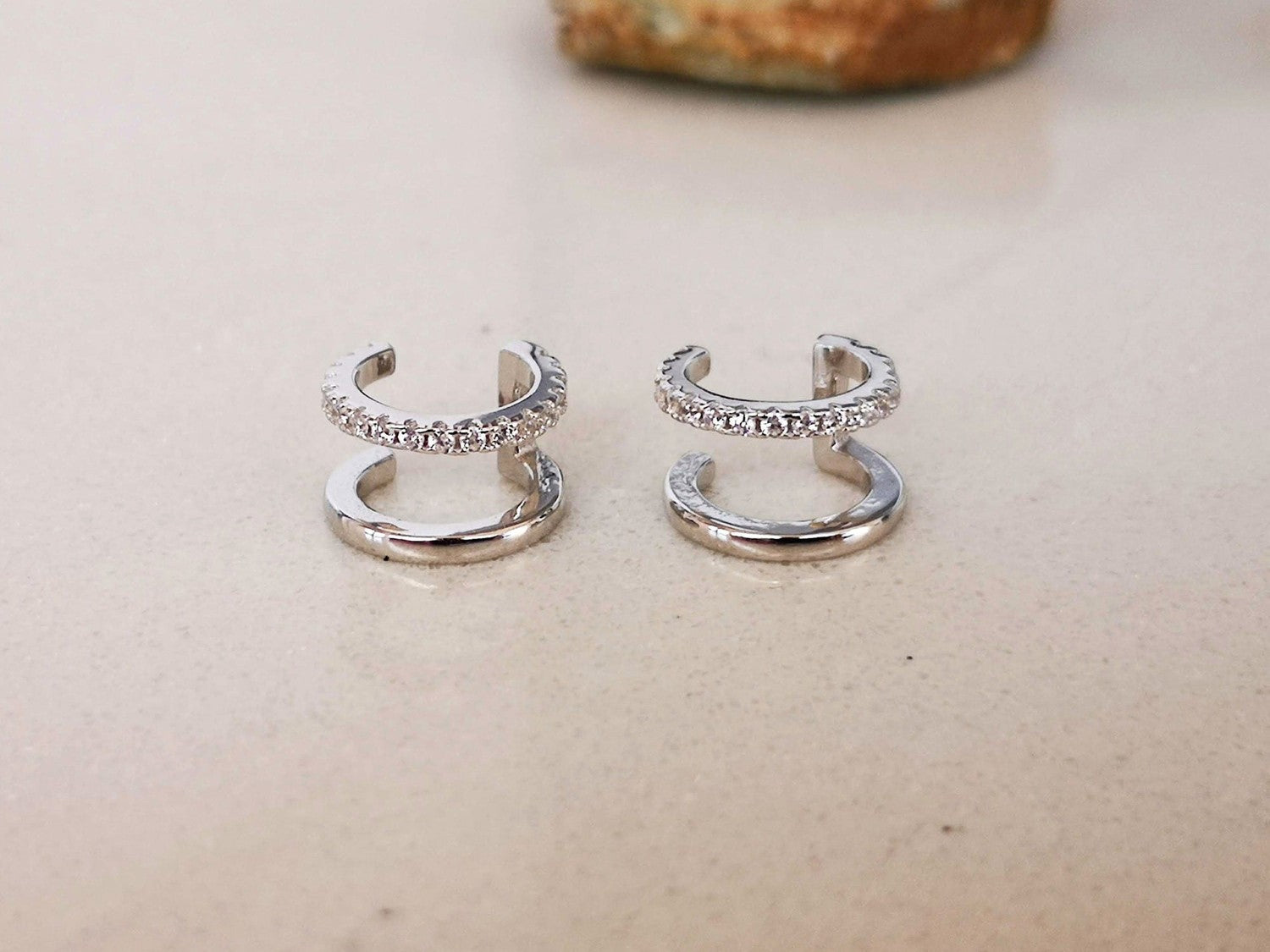 Silver Double Huggie Ear Cuffs with CZ Crystals