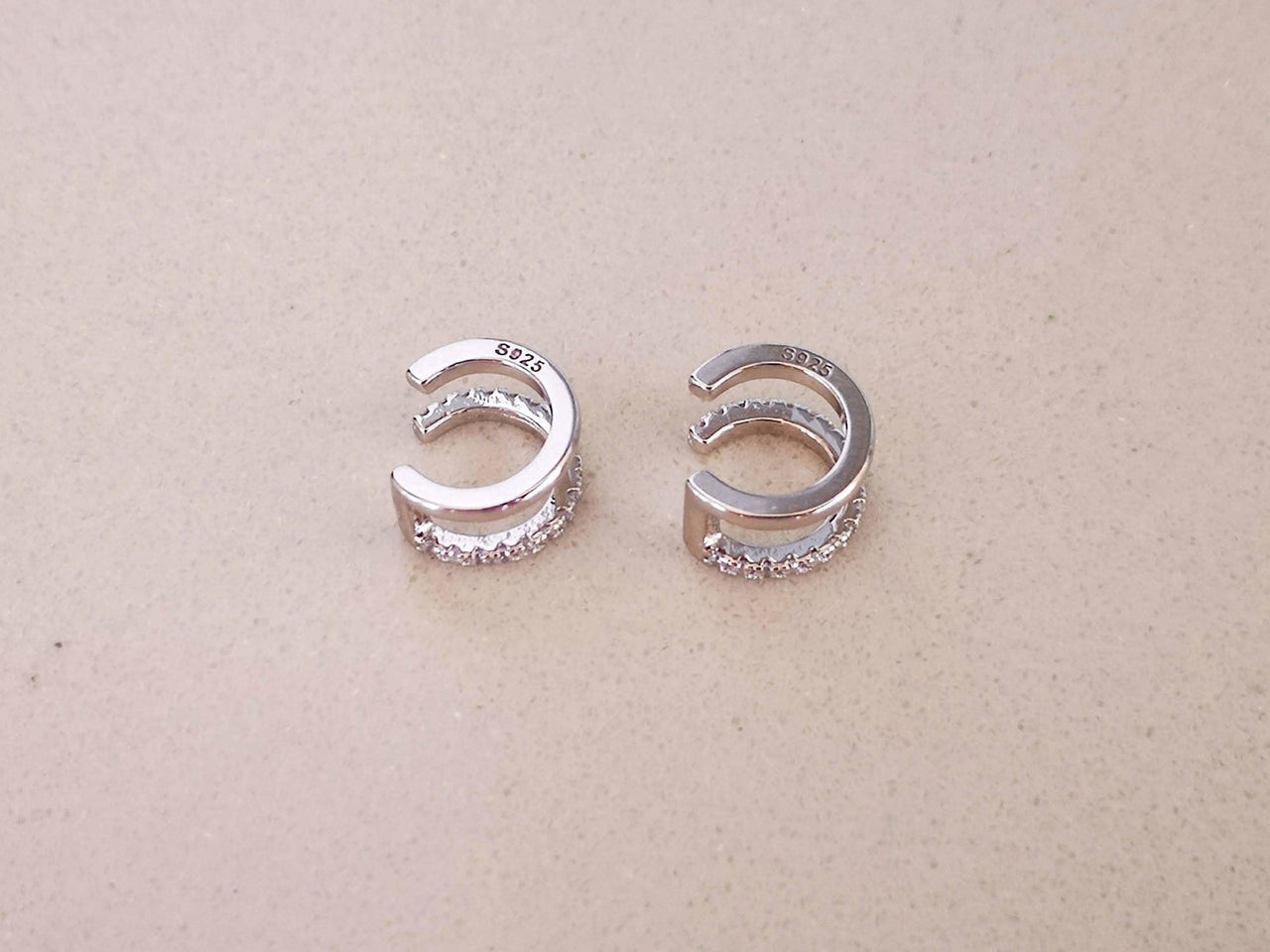 Silver Double Huggie Ear Cuffs with CZ Crystals