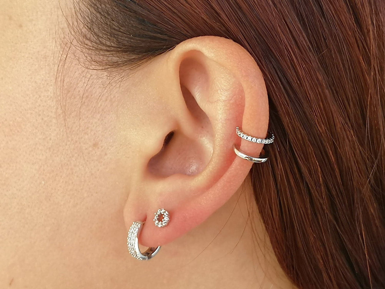 Silver Double Huggie Ear Cuffs with CZ Crystals