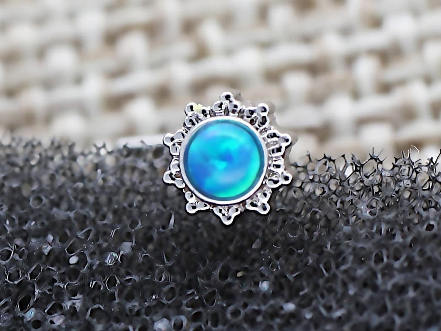 Silver Flower L Shaped Nose Stud with Blue Central Opal