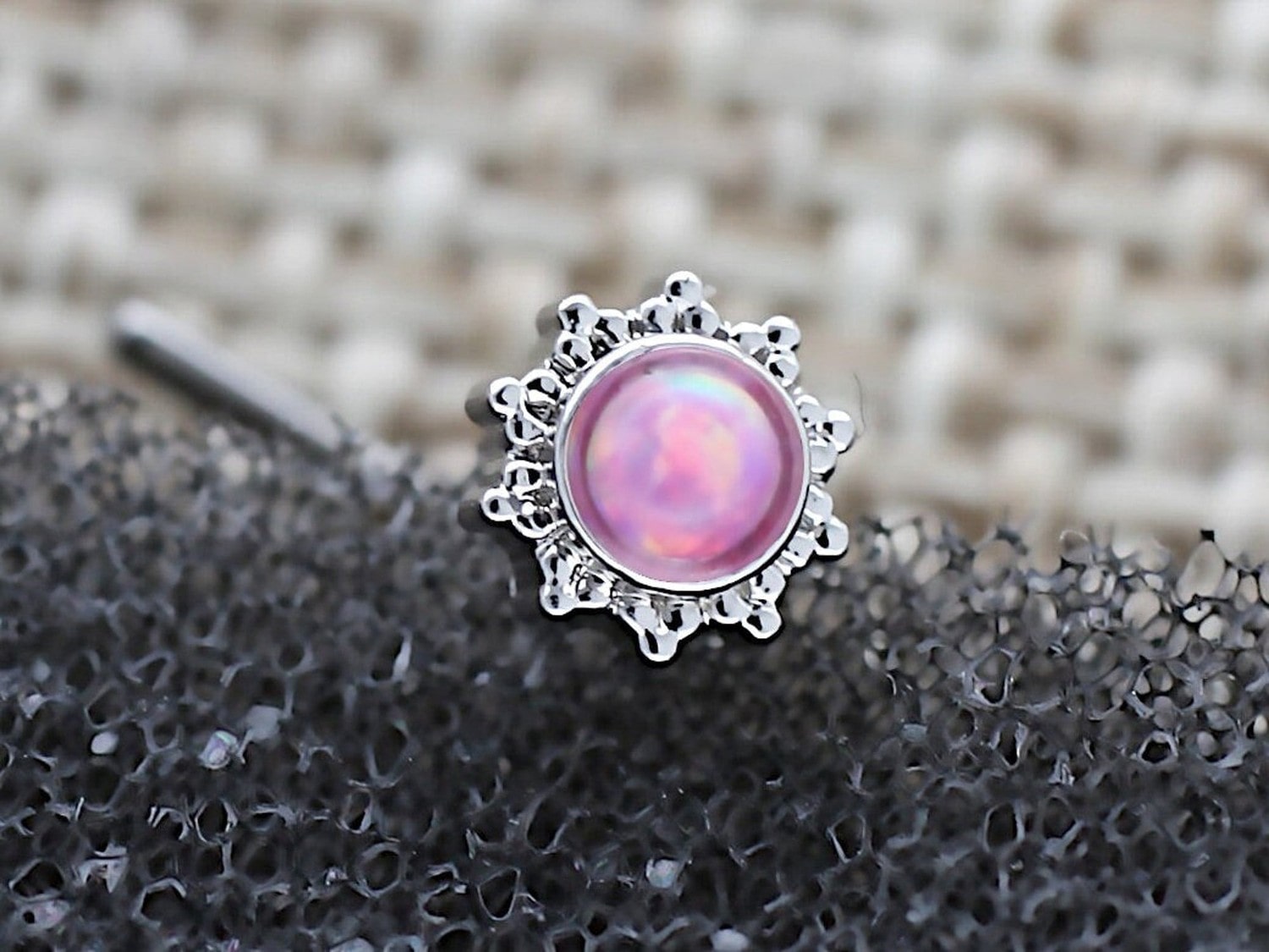 Silver Flower L Shaped Nose Stud with Central Pink Opal