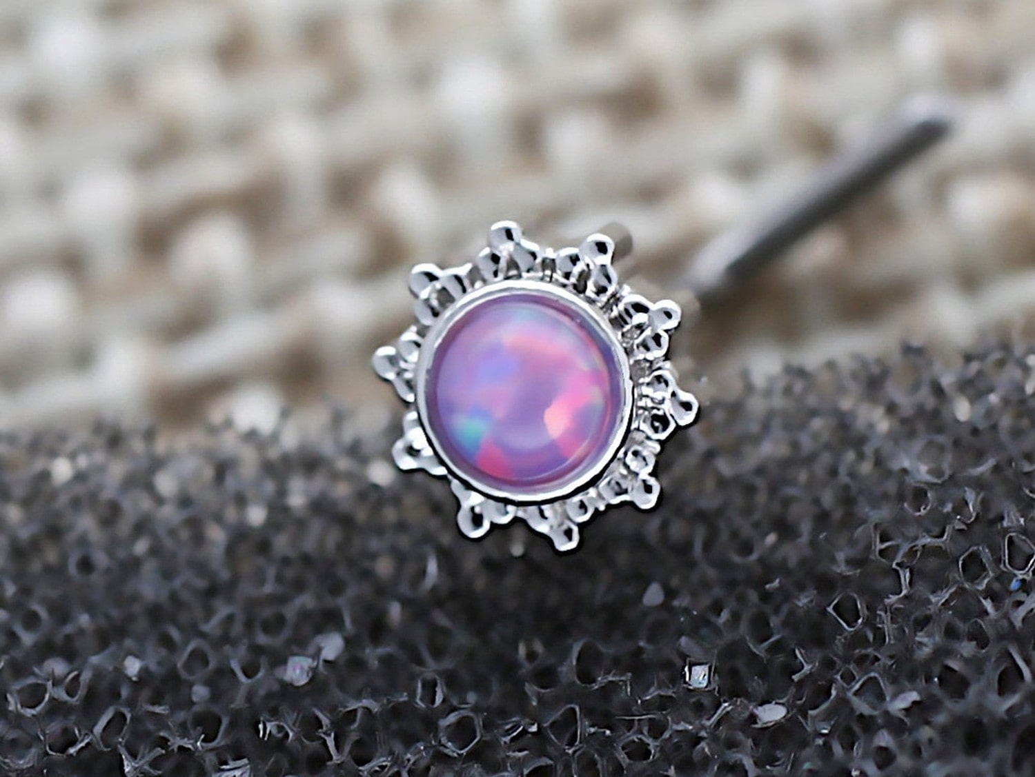 Silver Flower L Shaped Nose Stud with Central Purple Opal