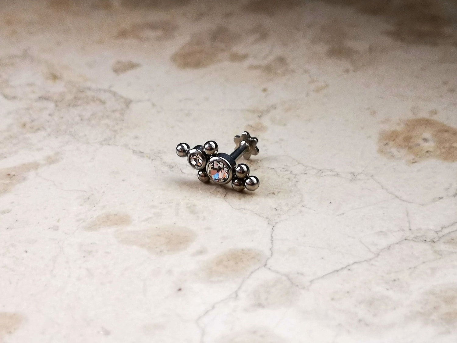 Silver Indian Cartilage Stud Earring with 2 CZ Crystals