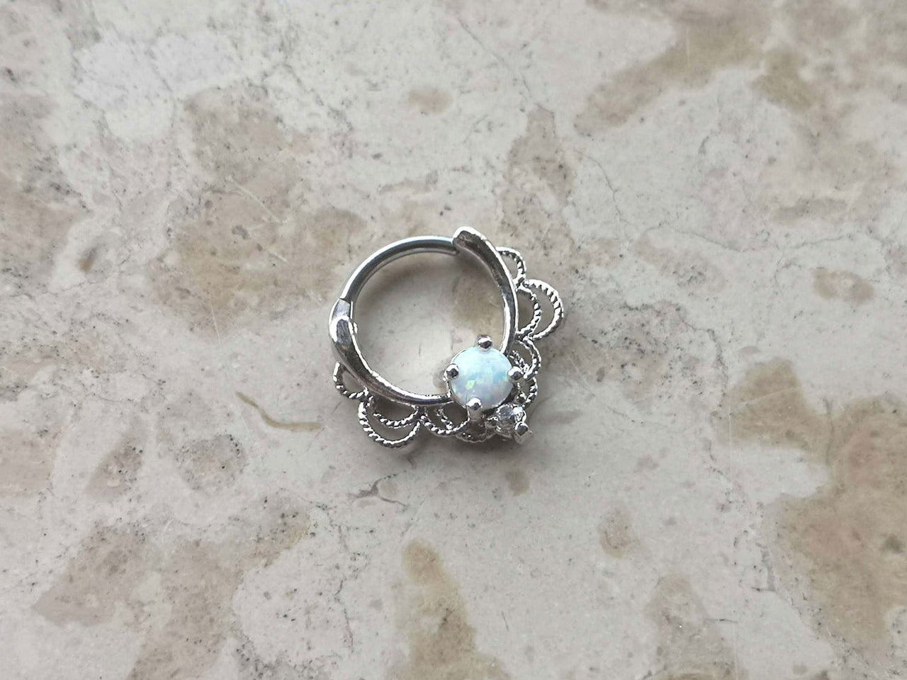 Silver Lace Septum Clicker Ring with White Opal