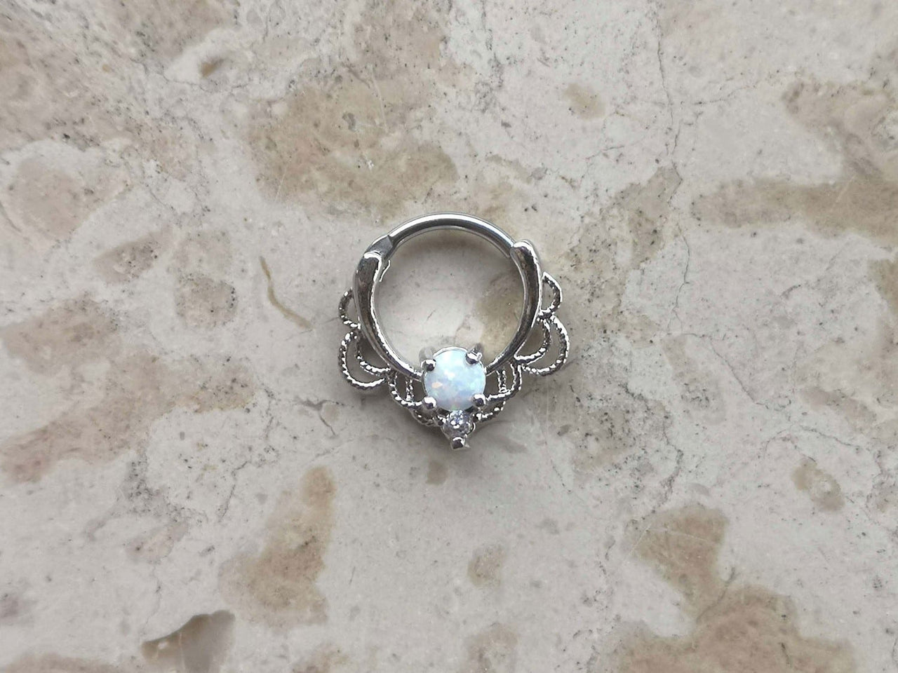 Silver Lace Septum Clicker Ring with White Opal