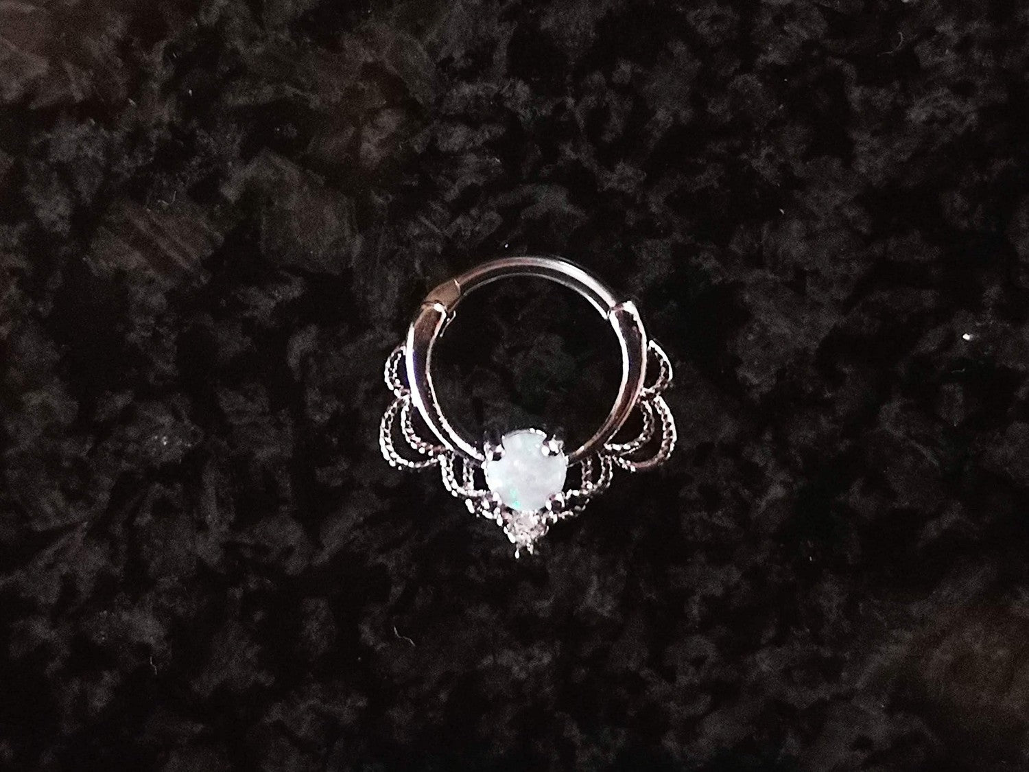 Silver Lace Septum Clicker Ring with White Opal