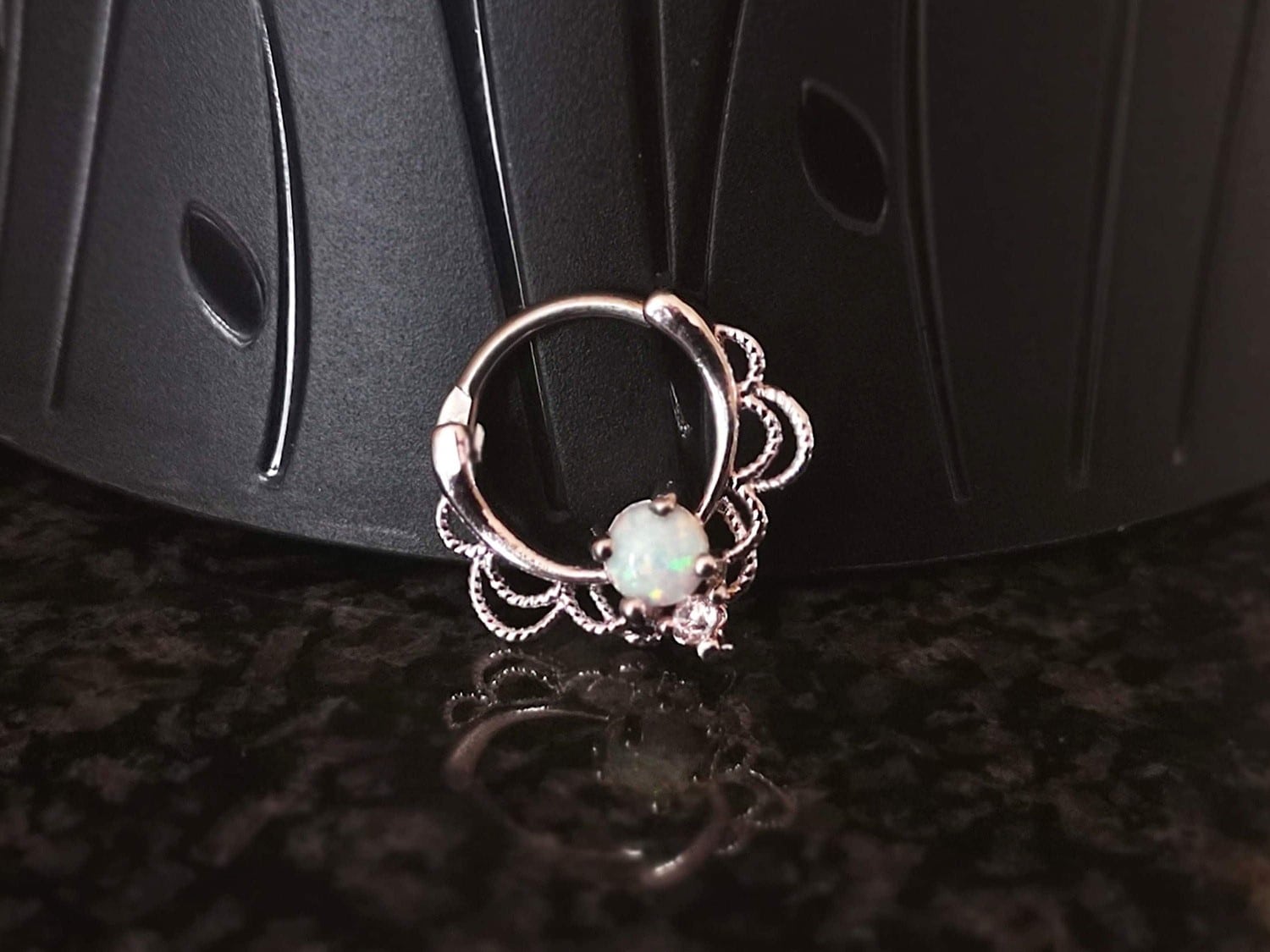 Silver Lace Septum Clicker Ring with White Opal