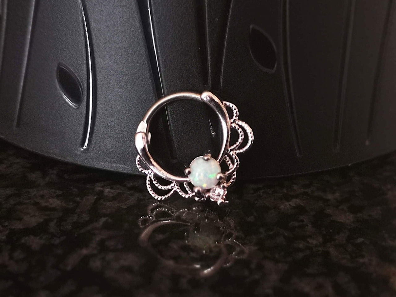 Silver Lace Septum Clicker Ring with White Opal - 15% OFF