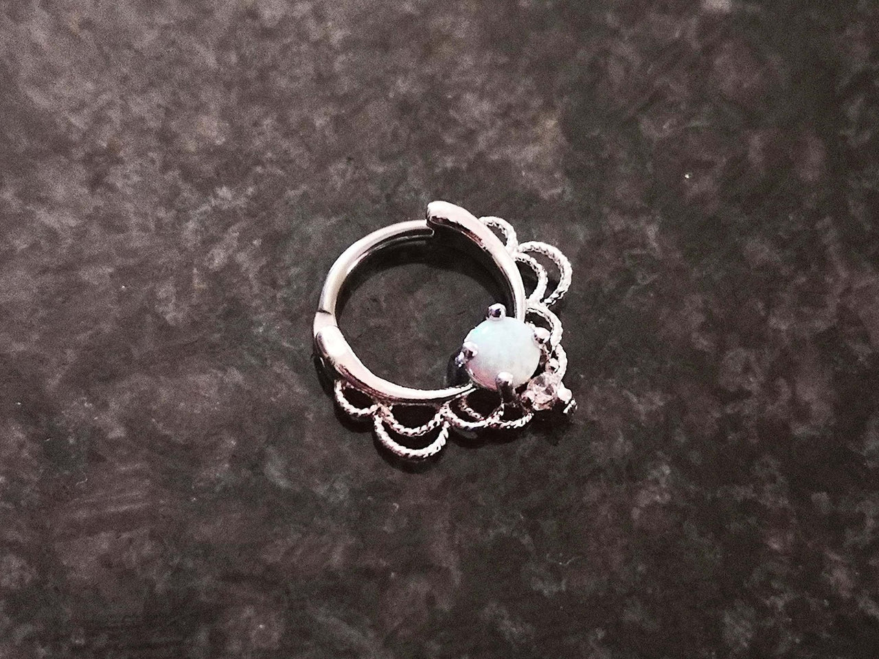 Silver Lace Septum Clicker Ring with White Opal - 15% OFF