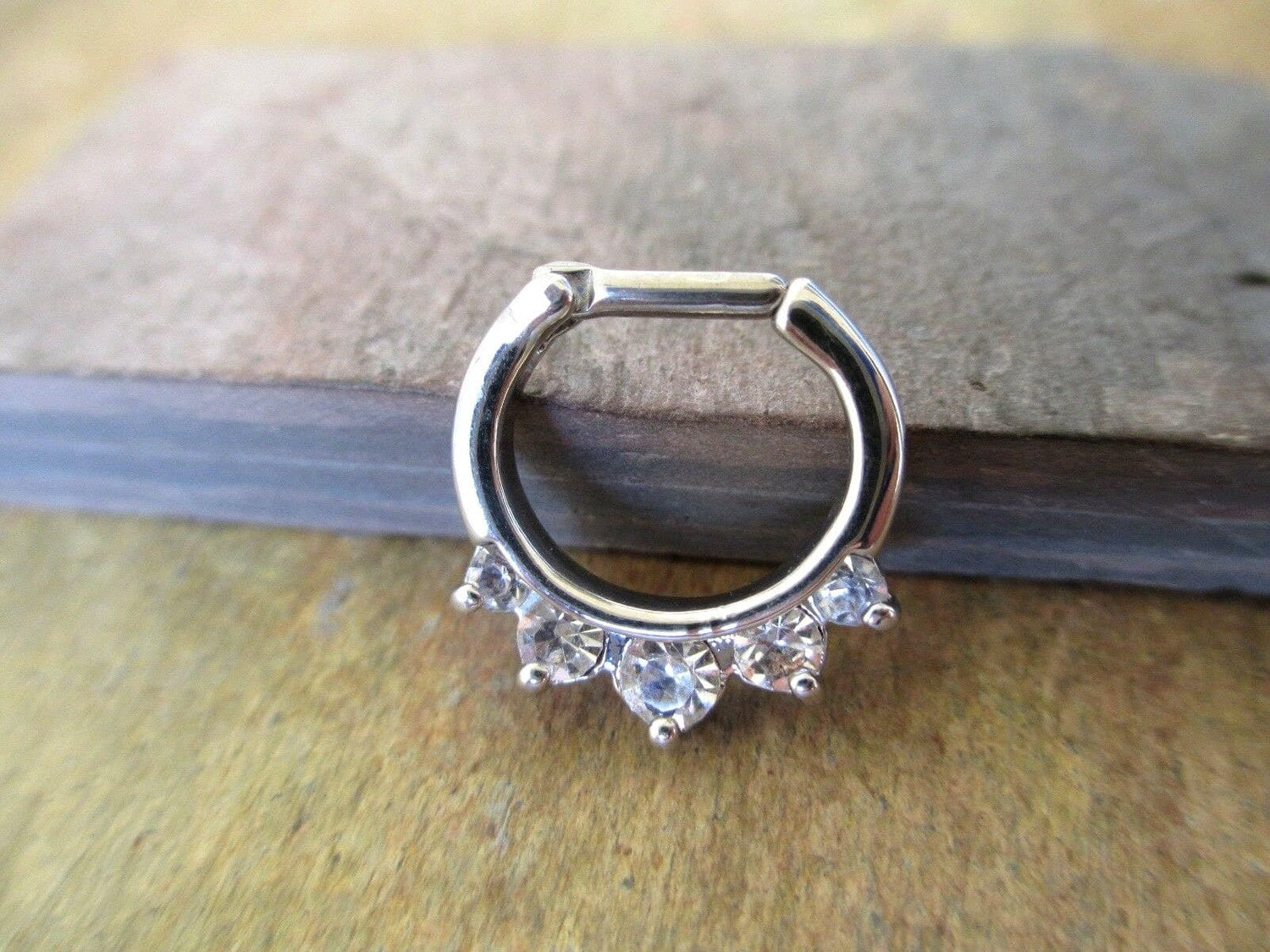 Silver Septum Clicker Ring with 5 Crystals