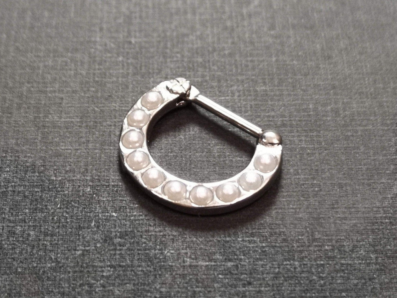 Silver Septum Clicker Ring with White Pearls