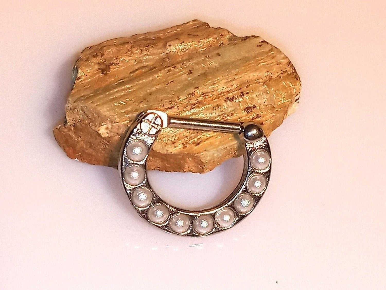 Silver Septum Clicker Ring with White Pearls