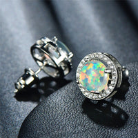 Thumbnail for Silver Stud Earrings with White Opal and Crystal Halo