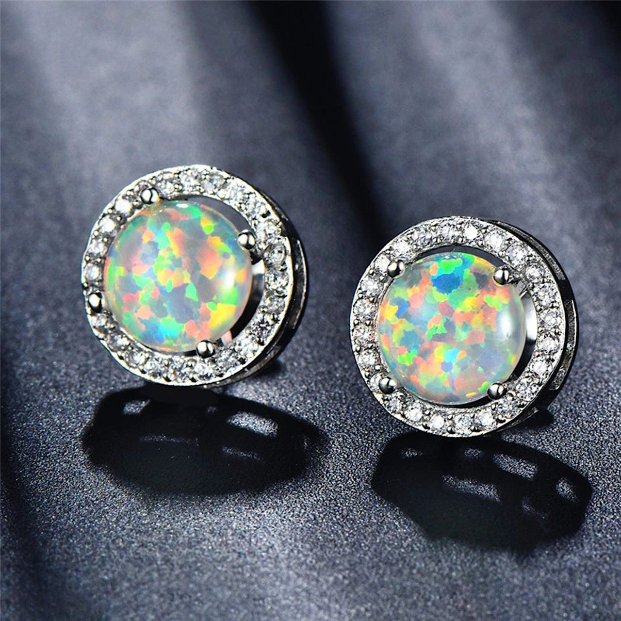 Silver Stud Earrings with White Opal and Crystal Halo