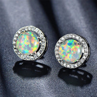 Thumbnail for Silver Stud Earrings with White Opal and Crystal Halo