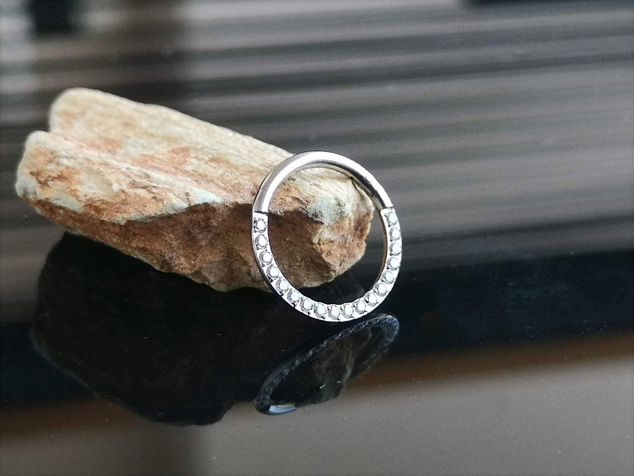 Silver Titanium Hinged Septum Clicker Ring with Cubic Zirconia