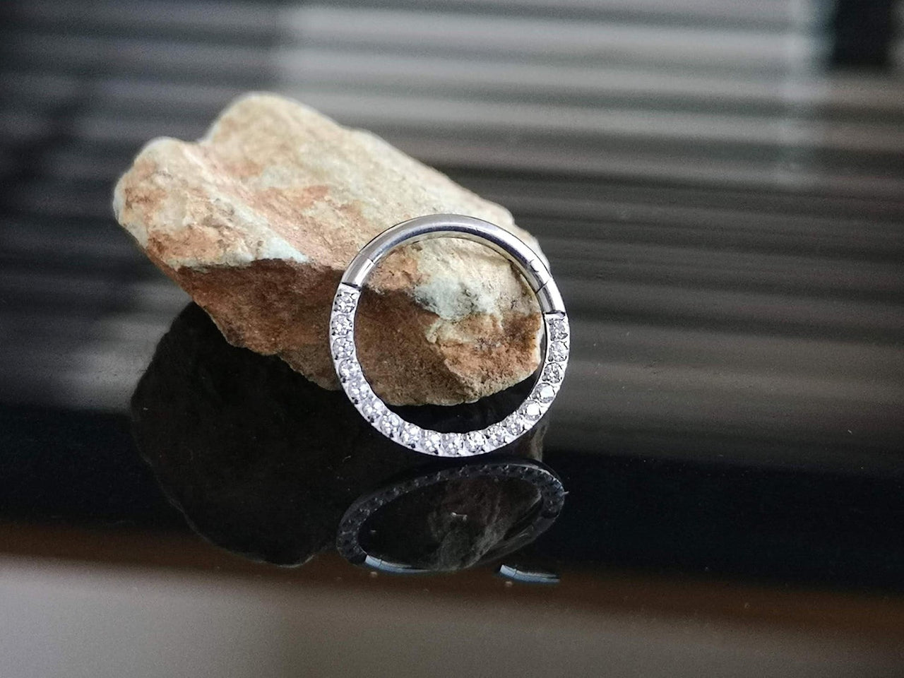 Silver Titanium Hinged Septum Clicker Ring with Cubic Zirconia