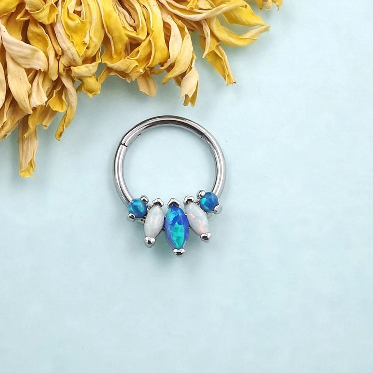 Silver Tropical Septum Clicker Ring with Blue and White Opals