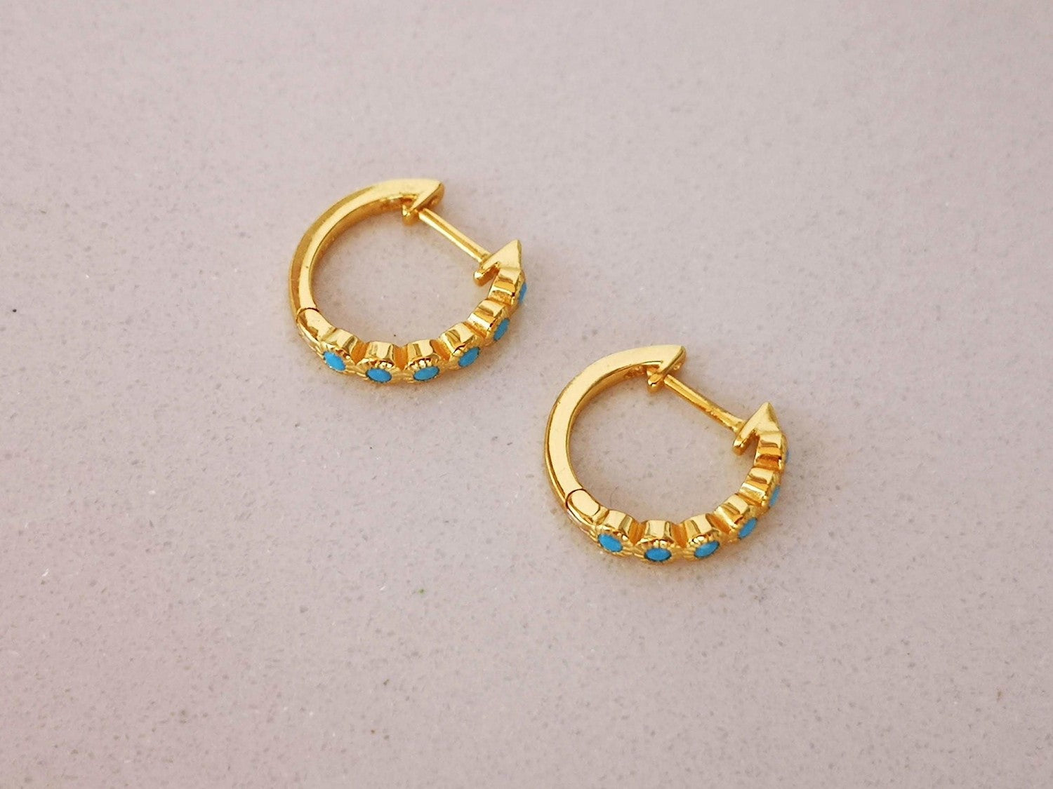 Small Gold Hoop Earrings with Turquoise Stones