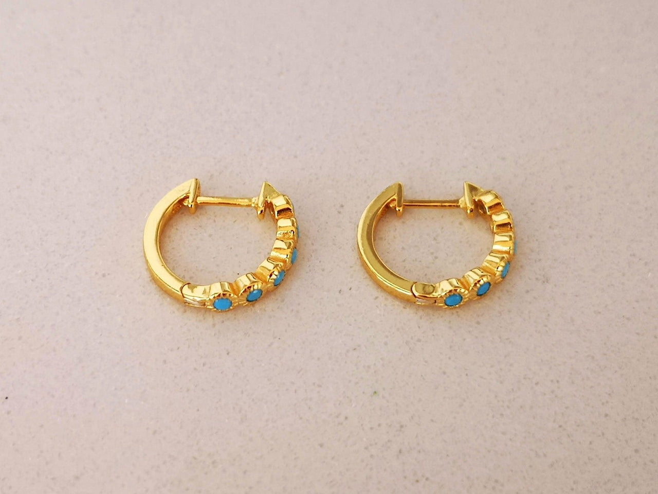 Small Gold Hoop Earrings with Turquoise Stones