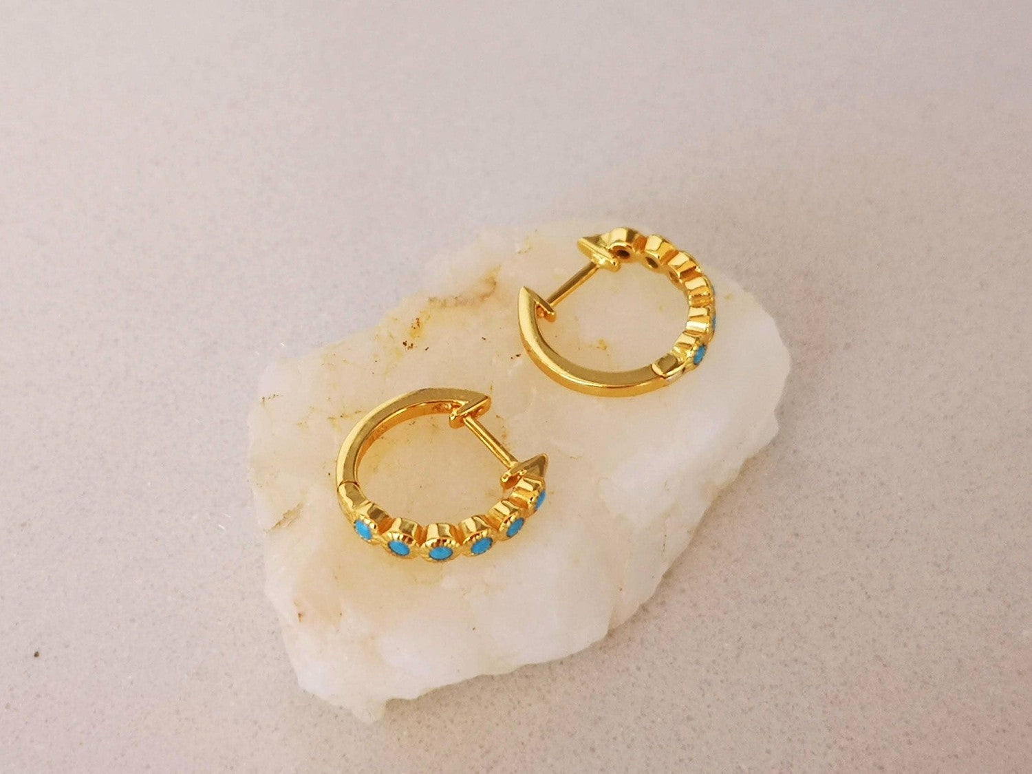 Small Gold Hoop Earrings with Turquoise Stones