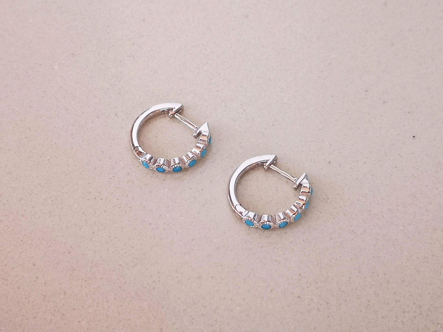 Small Silver Hoop Earrings with Turquoise Stones