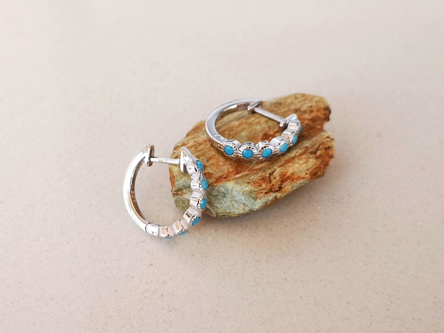 Small Silver Hoop Earrings with Turquoise Stones