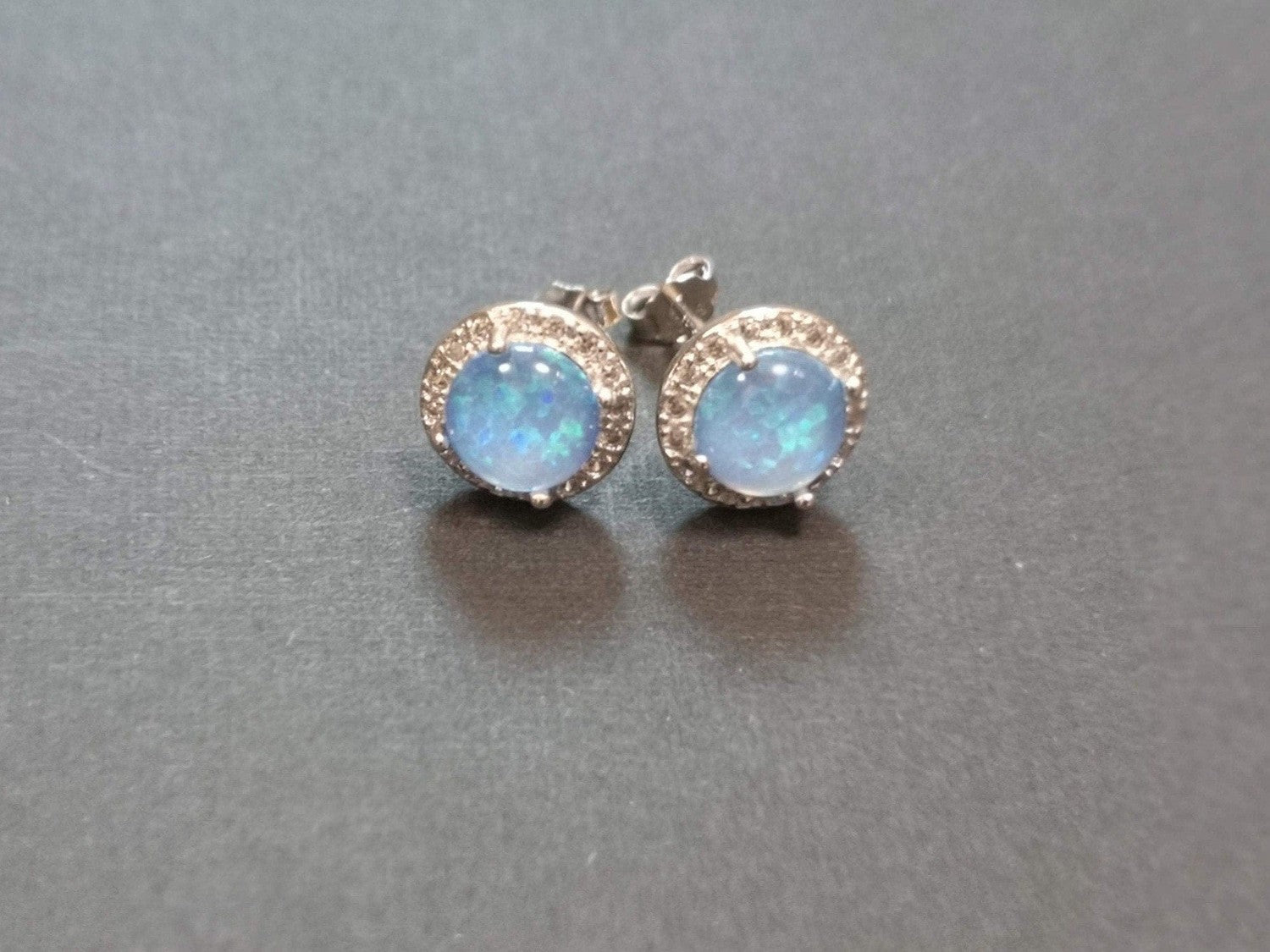 Sterling Silver Stud Earrings with Blue Opal and Crystal Halo