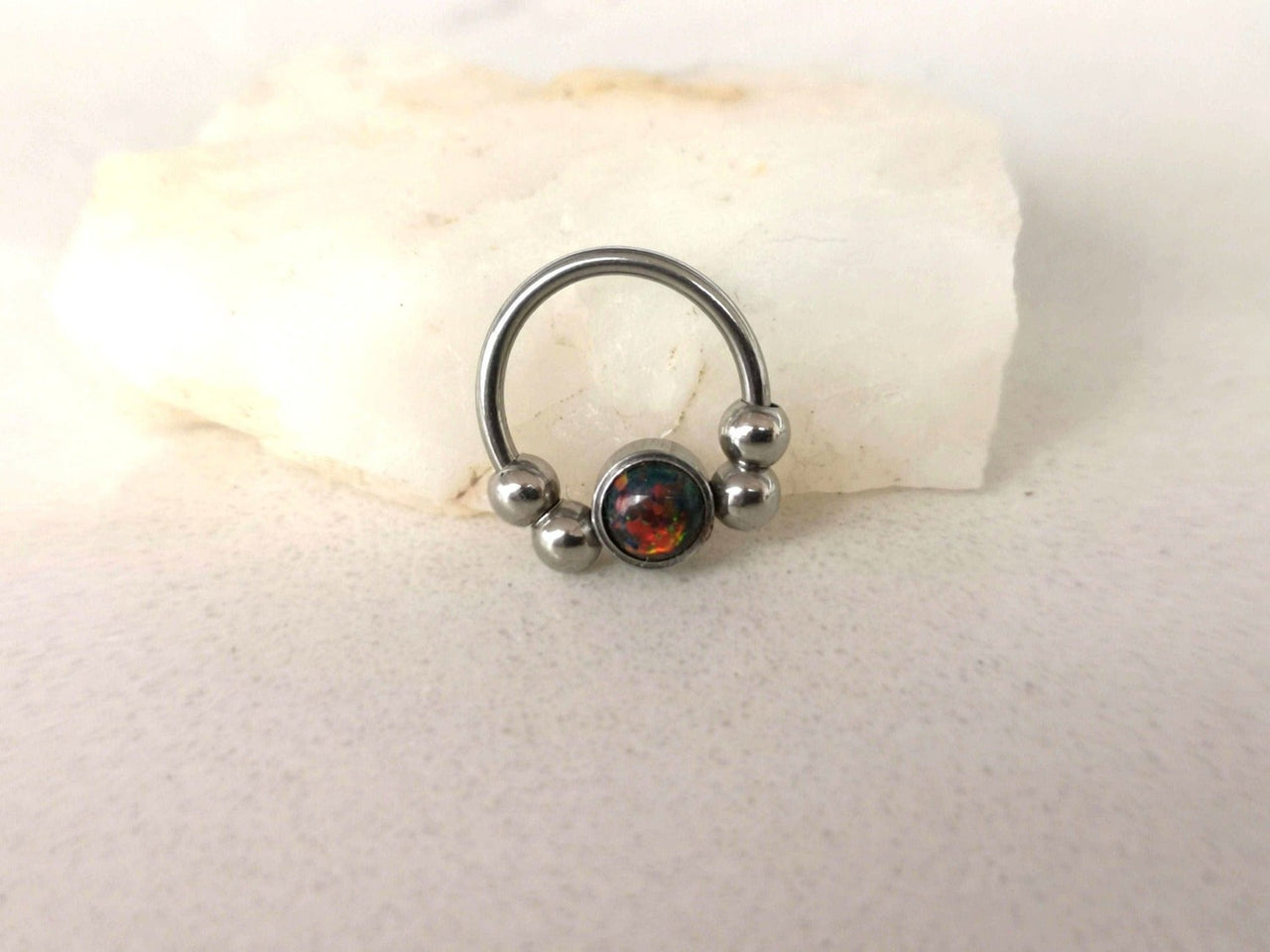 2 in 1 Silver Captive Bead Ring with Black Opal