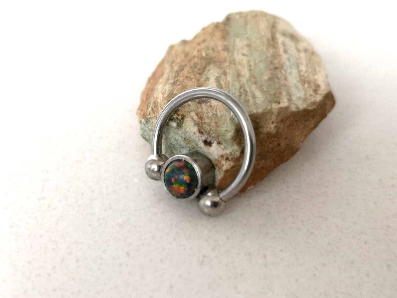 2 in 1 Silver Captive Bead Ring with Black Opal